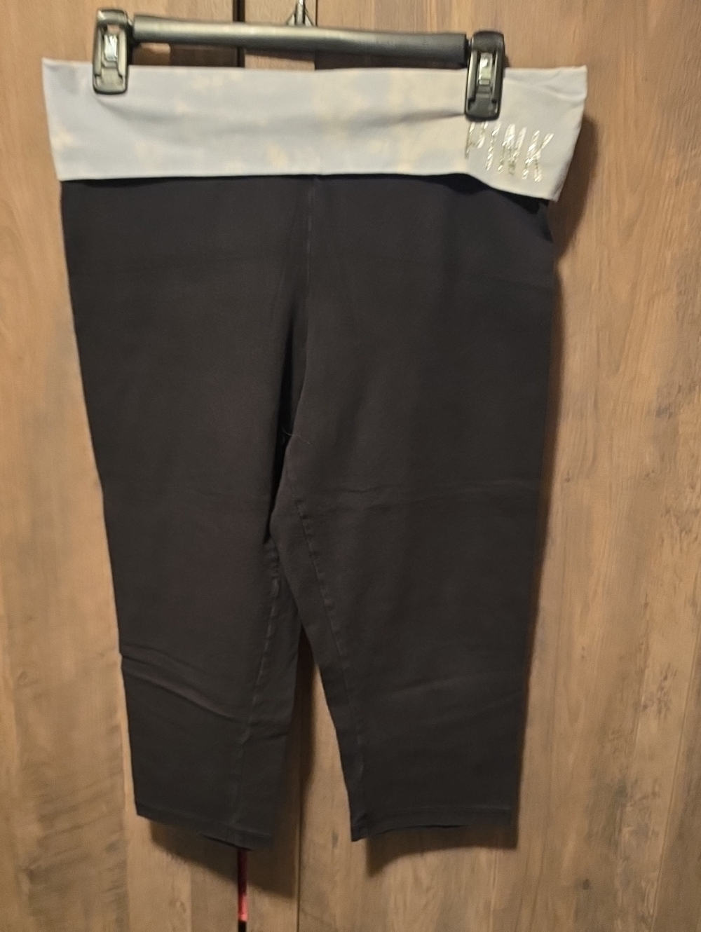 PINK Victoria's Secret Black Crop Leggings with Light Gray Fold-Over Waistband